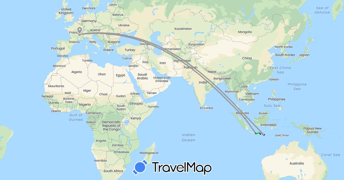 TravelMap itinerary: driving, bus, plane in France, Indonesia, Singapore (Asia, Europe)